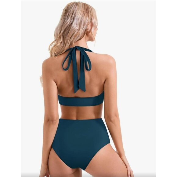 Womens Teal High-Waisted Bikini Set With Mesh Detail & Halter Neck Tie Size L - Picture 2 of 9